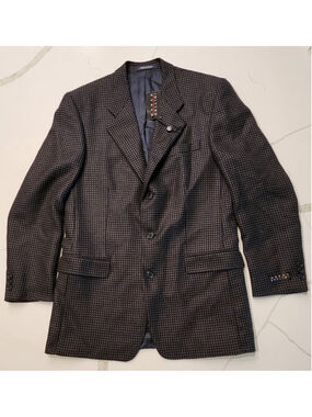 Marco Cellini Men’s 40 100% Wool Blazer Navy Tan Geometric Check Sport Coat Long